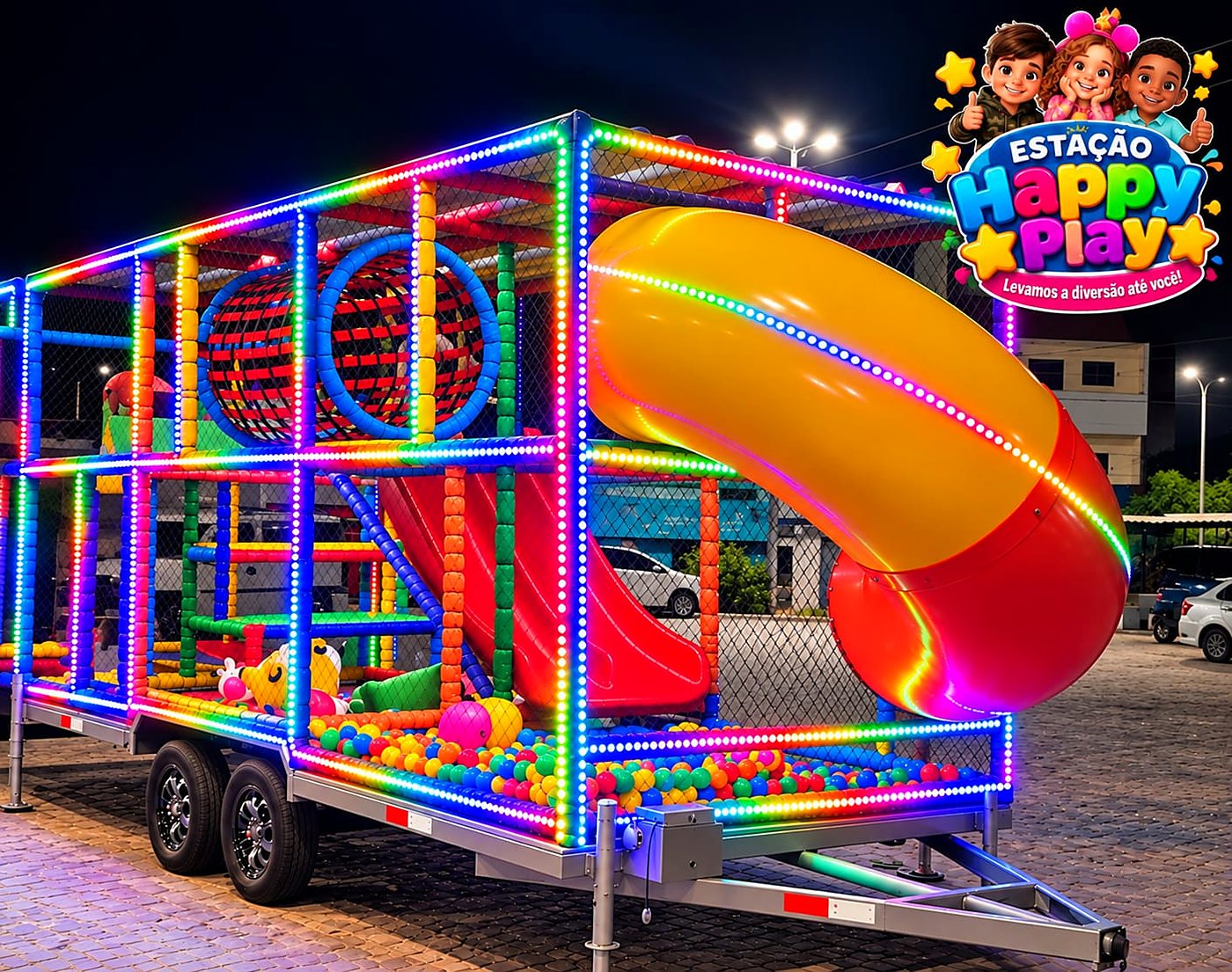 Carreta Kids da Estação Happy Play iluminada com LED, tobogã laranja e piscina de bolinhas
